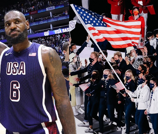 Siêu sao bóng rổ LeBron James cầm cờ đoàn thể thao Mỹ tại lễ khai mạc Olympic Paris 2024
