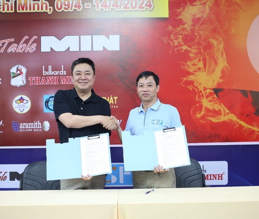 Ký kết ghi nhận tài trợ hệ thống giải Billiards Pool 9 Bi HBSF năm 2024 Cúp Min Table ngày khai mạc Tour 1