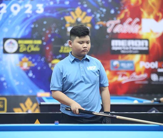 Cơ thủ 12 tuổi Thái Hồng Đức tung siêu phẩm ở giải Billiard Carom 3 băng Tour 2 HBSF Cup 2023