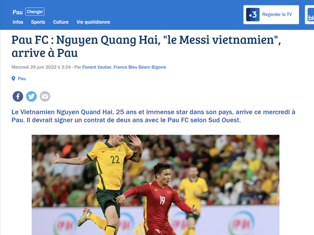 Báo Pháp: Quang Hải ra mắt Pau FC vào ngày 30/6