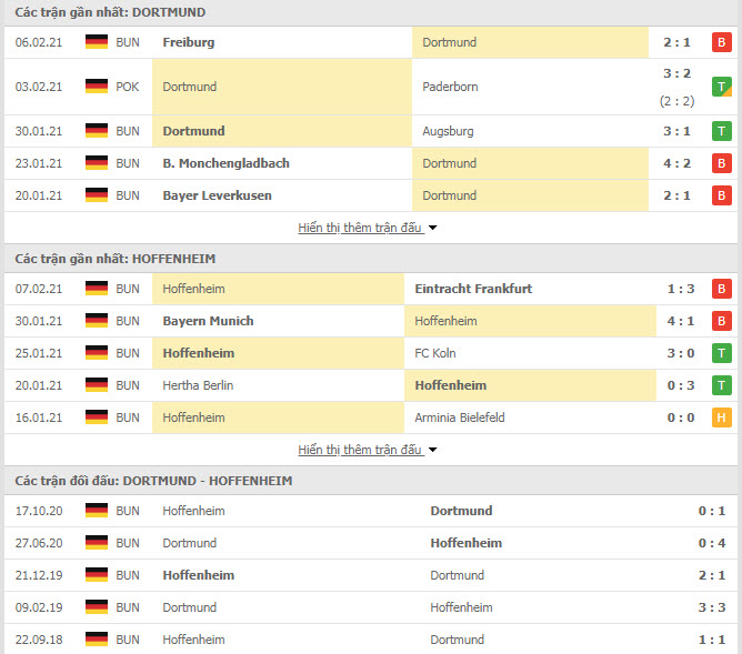 Thành tích đối đầu Dortmund vs Hoffenheim