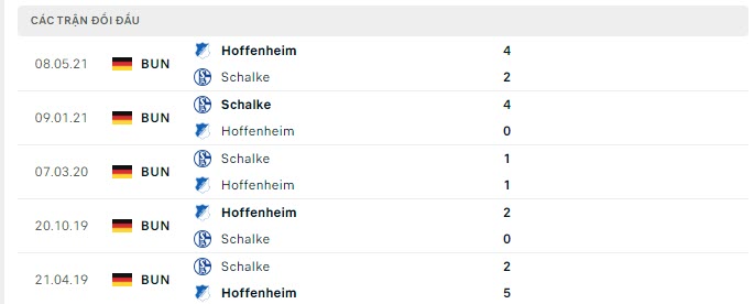 Lịch sử đối đầu Schalke vs Hoffenheim