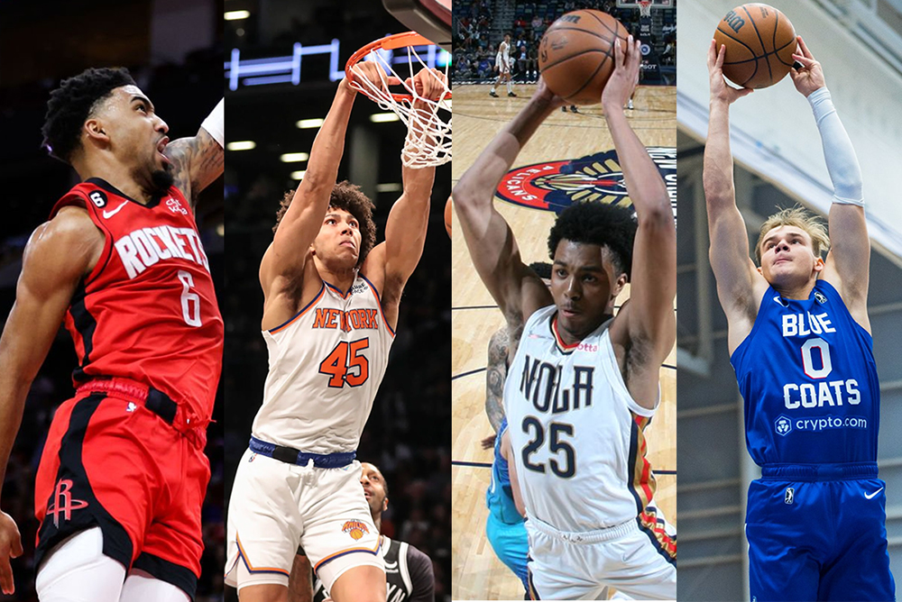 Danh sách các cầu thủ dự NBA Slam Dunk Contest 2023 Từ trái sang: Kenyon Martin Jr, Jercho Sims, Trey Murphy III và Mac McClung