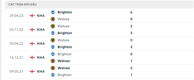 Lịch sử đối đầu Wolves vs Brighton