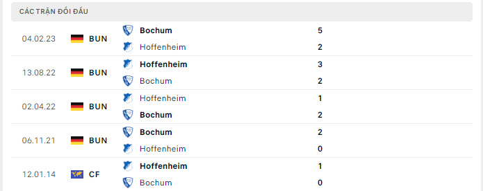 Lịch sử đối đầu Hoffenheim vs Bochum
