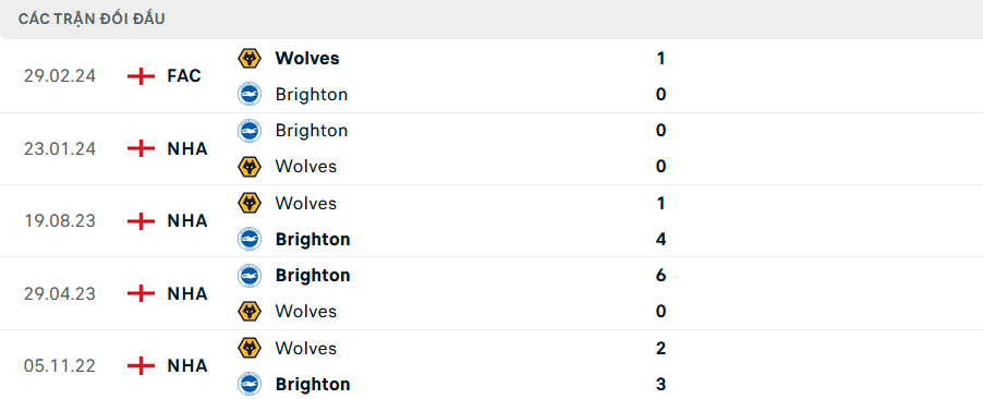 Lịch sử đối đầu Brighton vs Wolves