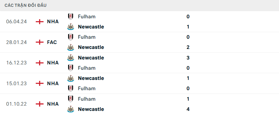 Lịch sử đối đầu Fulham vs Newcastle