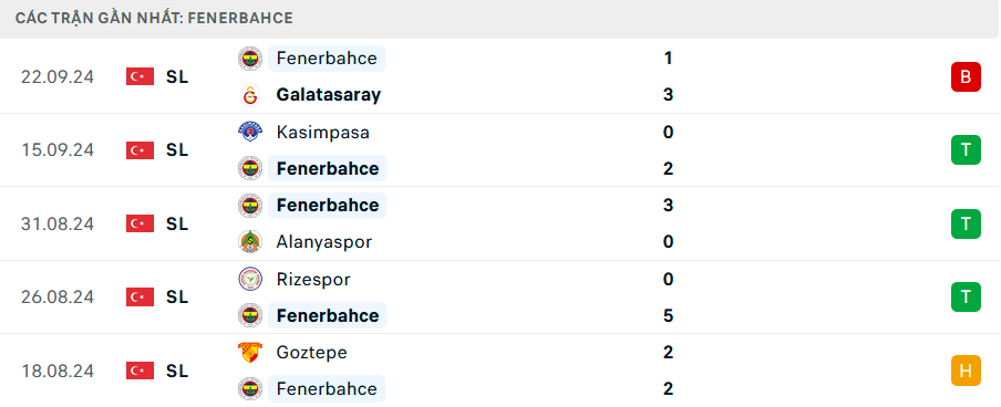 Phong độ Fenerbahce 5 trận gần nhất