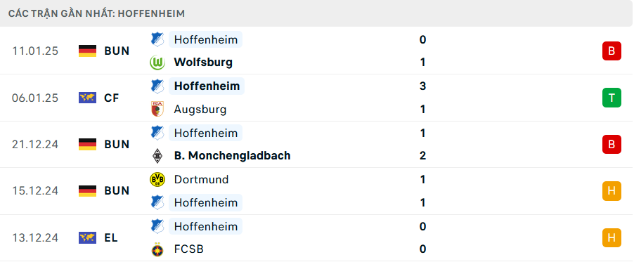 Phong độ Hoffenheim 5 trận gần nhất