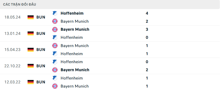 Lịch sử đối đầu Bayern Munich vs Hoffenheim