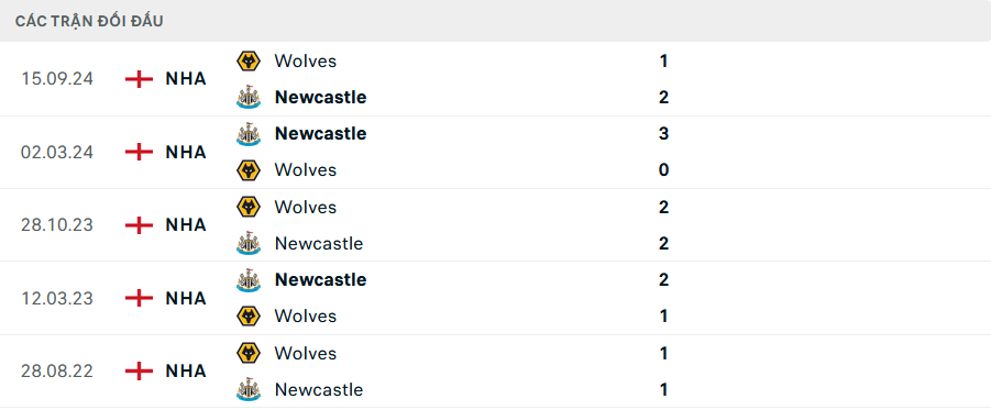 Lịch sử đối đầu Newcastle vs Wolves