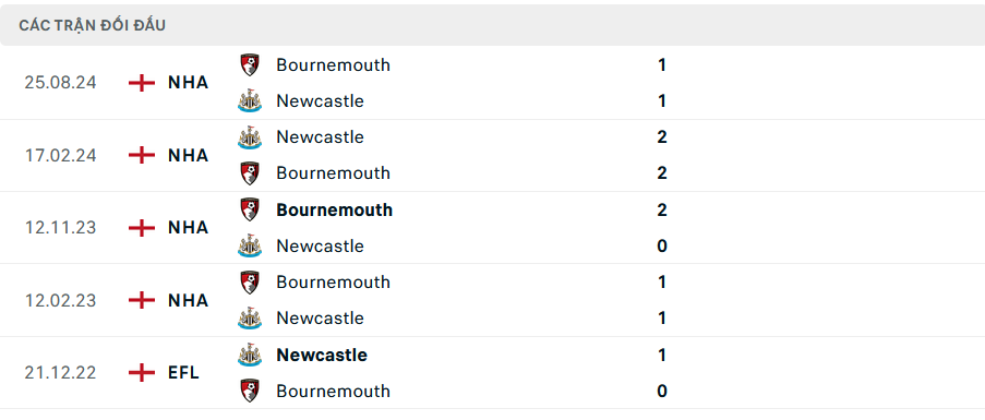 Lịch sử đối đầu Newcastle vs Bournemouth