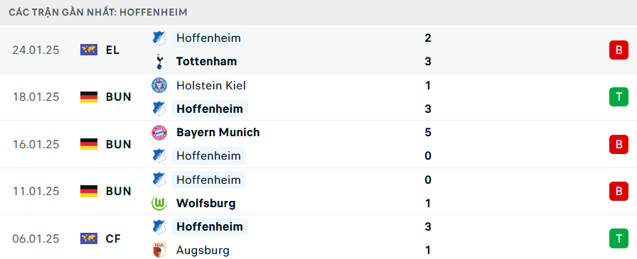 Phong Hoffenheim 5 trận gần nhất