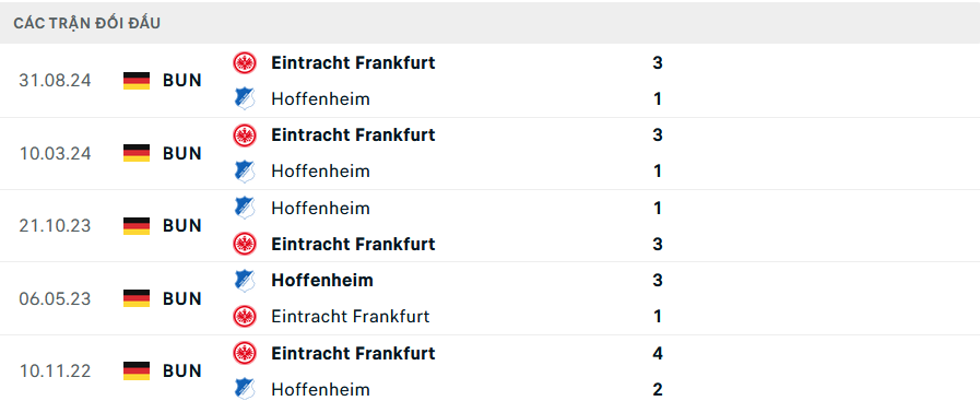 Lịch sử đối đầu Hoffenheim vs Frankfurt