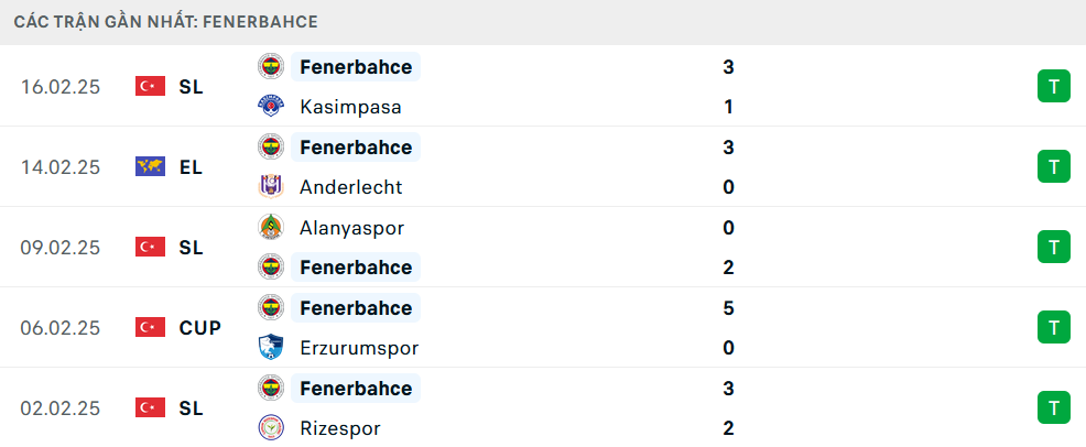 Phong độ Fenerbahce 5 trận gần nhất