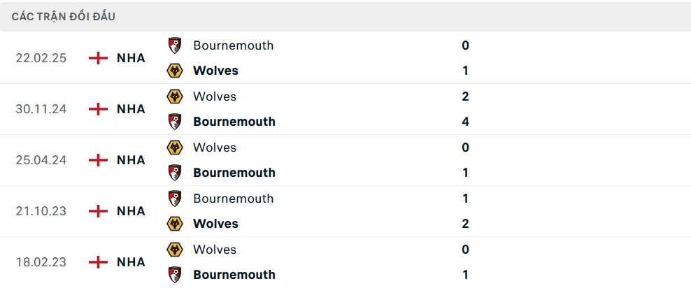 Lịch sử đối đầu Bournemouth vs Wolves