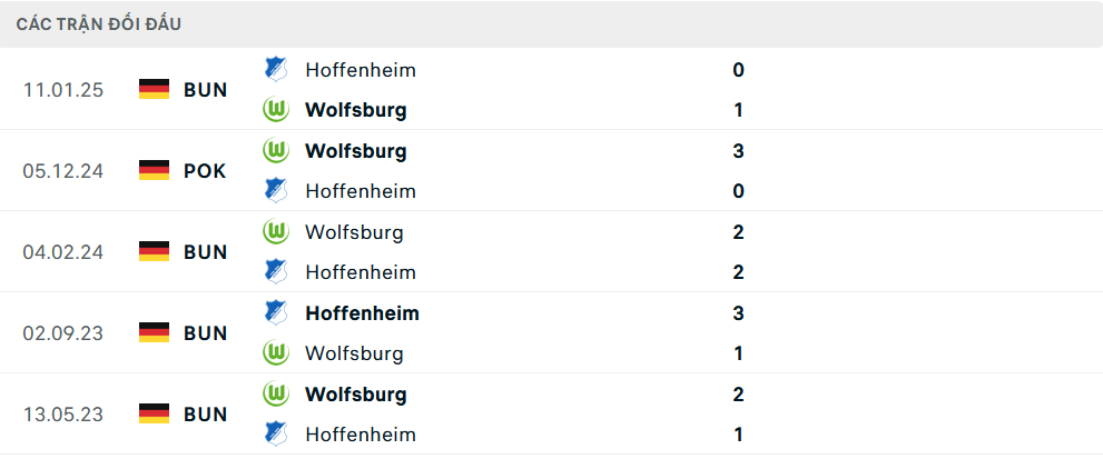 Lịch sử đối đầu Wolfsburg vs Hoffenheim