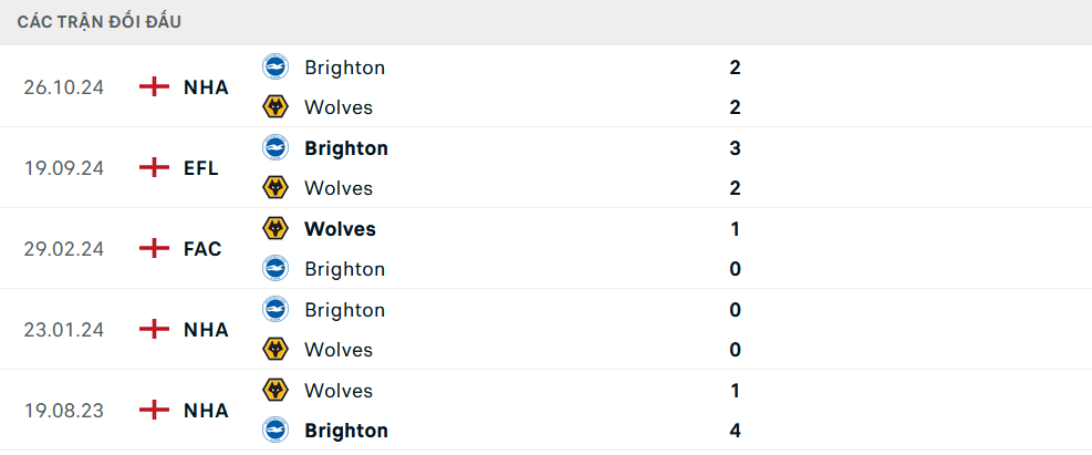 Lịch sử đối đầu Wolves vs Brighton
