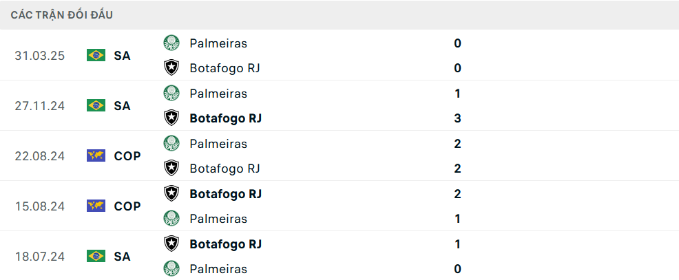 Lịch sử đối đầu Palmeiras vs Botafogo