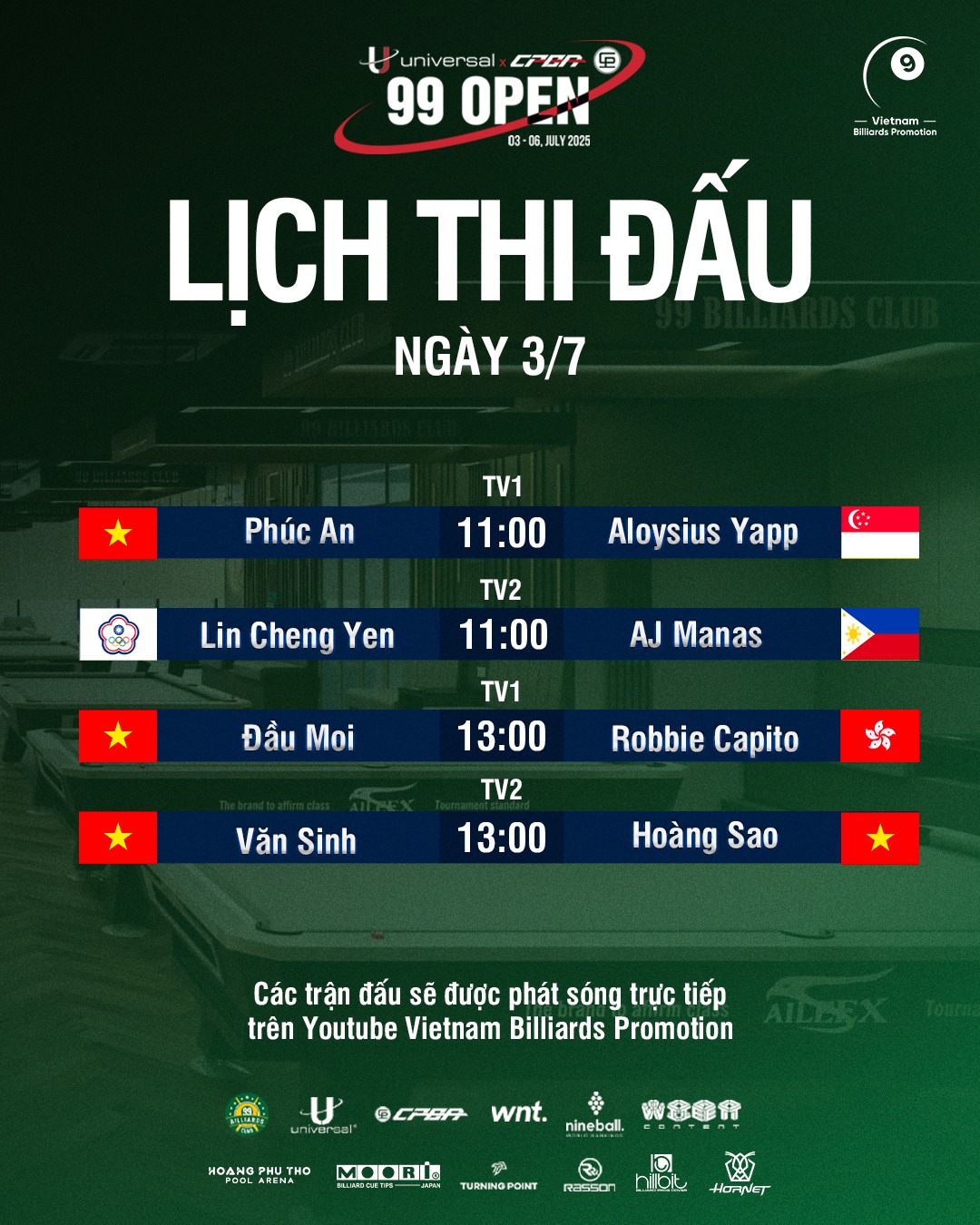 Trực tiếp Universal CPBA 99 Open 2025 hôm nay ngày 3-7