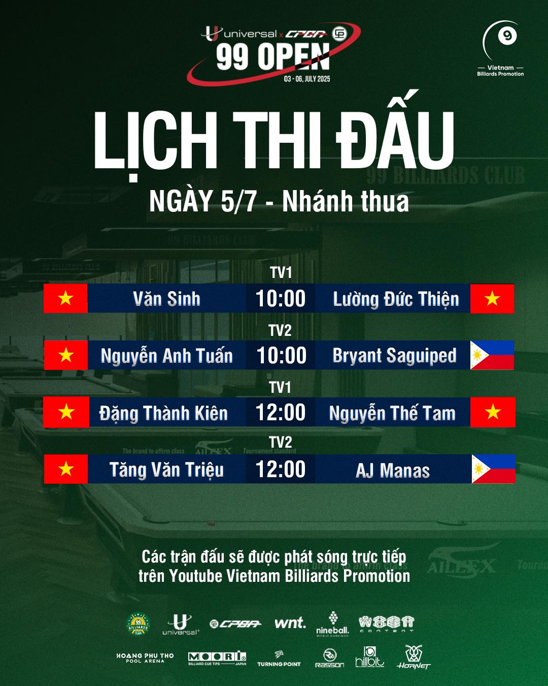 TRỰC TIẾP giải pool Universal CPBA 99 Open 2025 ngày 5-7
