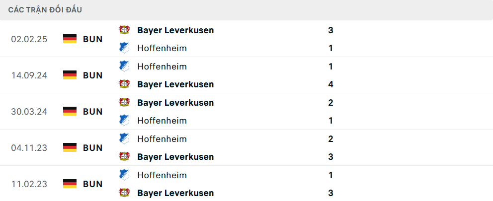 Lịch sử đối đầu Leverkusen vs Hoffenheim