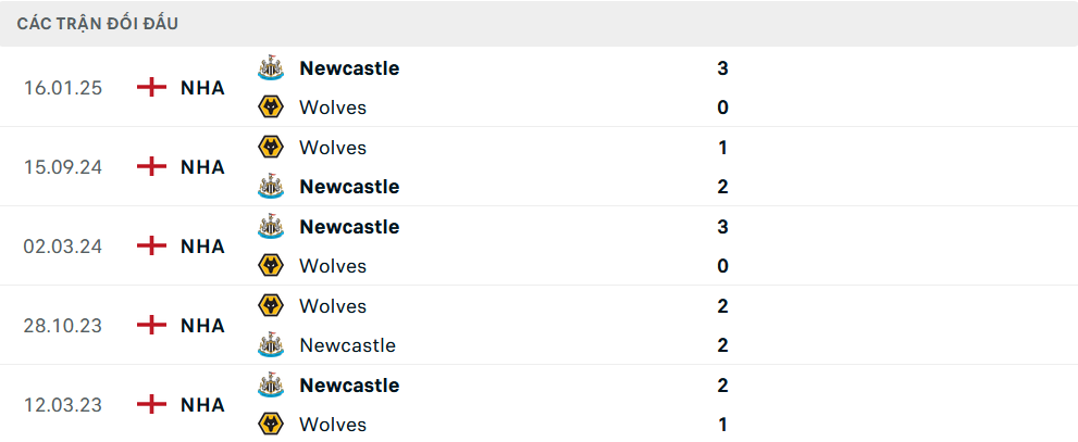 Lịch sử đối đầu Newcastle vs Wolves