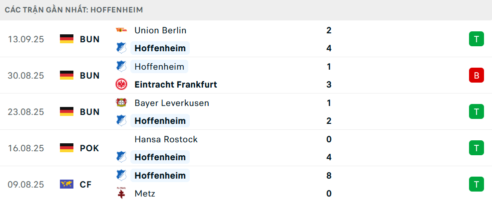 Phong độ Hoffenheim 5 trận gần nhất