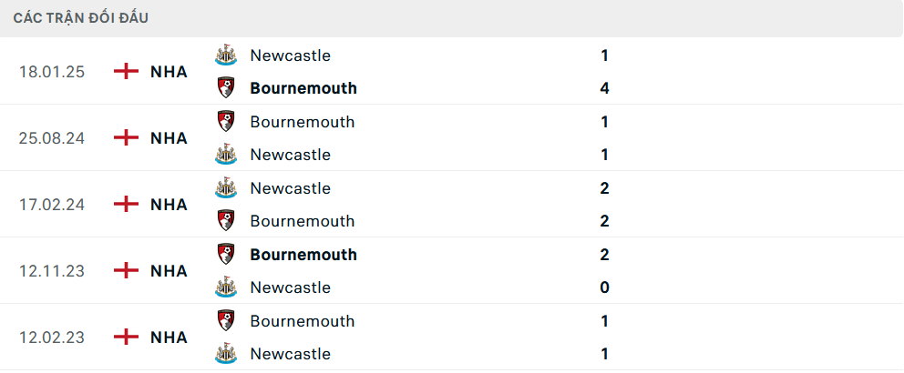 Lịch sử đối đầu Bournemouth vs Newcastle