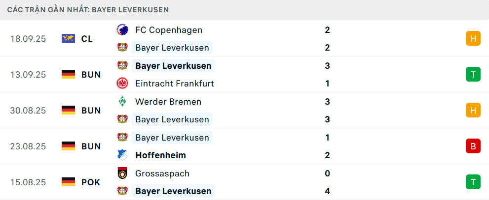 Phong độ Leverkusen 5 trận gần nhất
