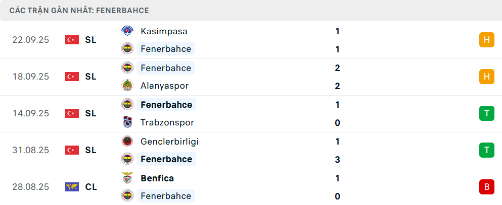 Phong độ Fenerbahce 5 trận gần nhất