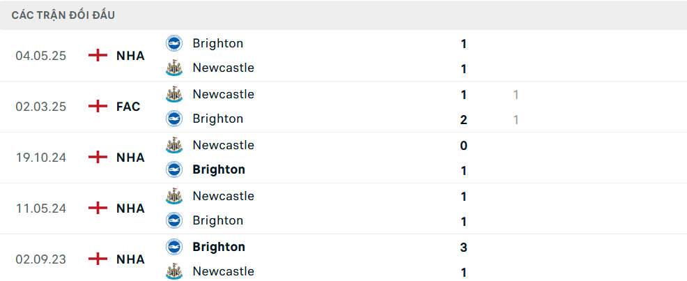 Lịch sử đối đầu Brighton vs Newcastle