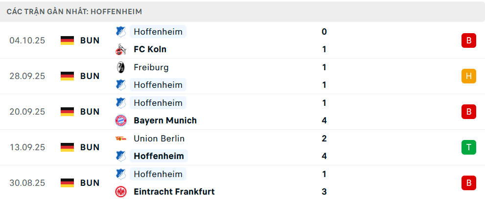 Phong độ Hoffenheim 5 trận gần nhất