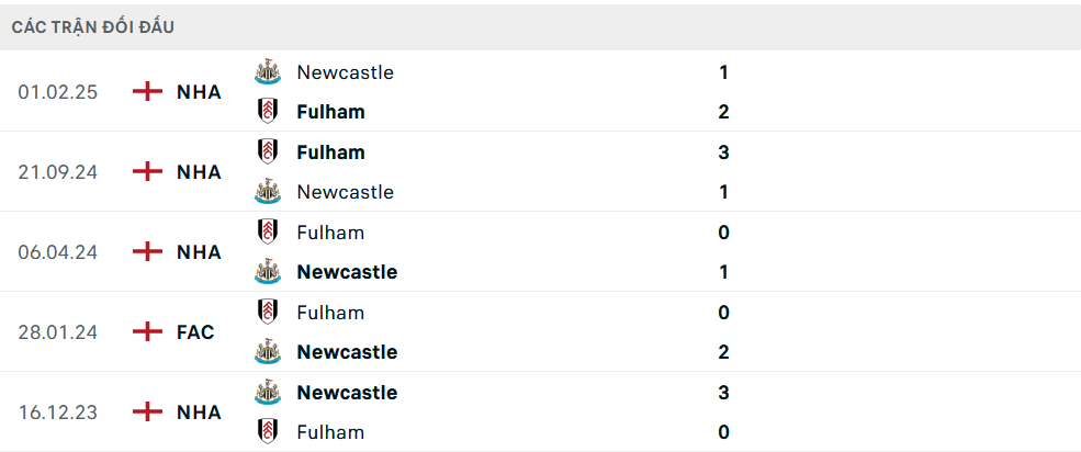Lịch sử đối đầu Newcastle vs Fulham