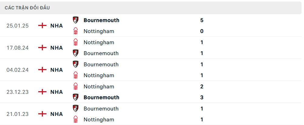 Lịch sử đối đầu Bournemouth vs Nottingham