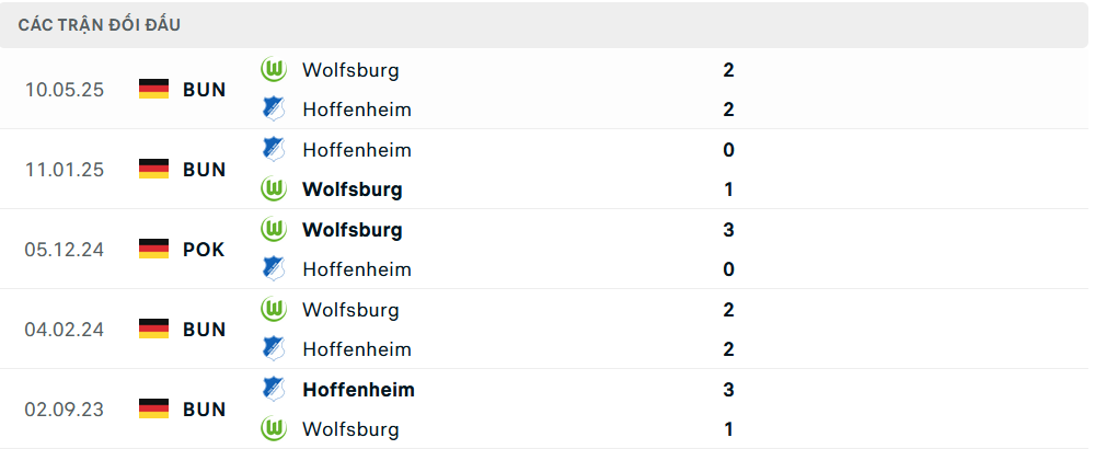 Lịch sử đối đầu Wolfsburg vs Hoffenheim