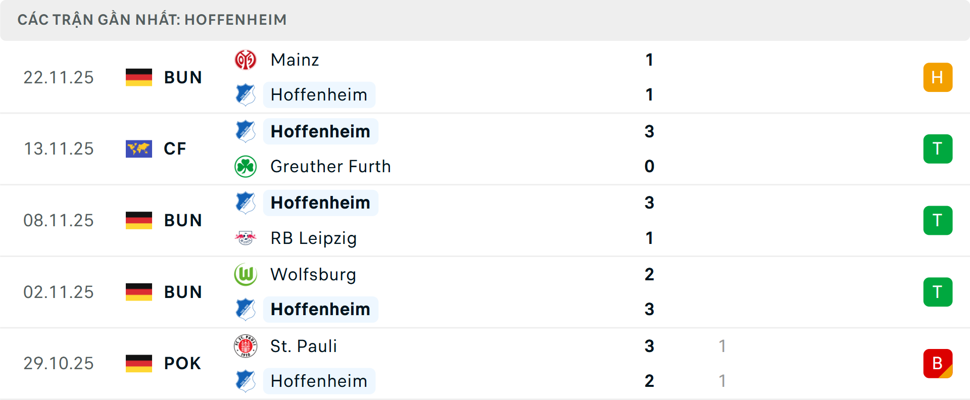 Phong độ Hoffenheim 5 trận gần nhất