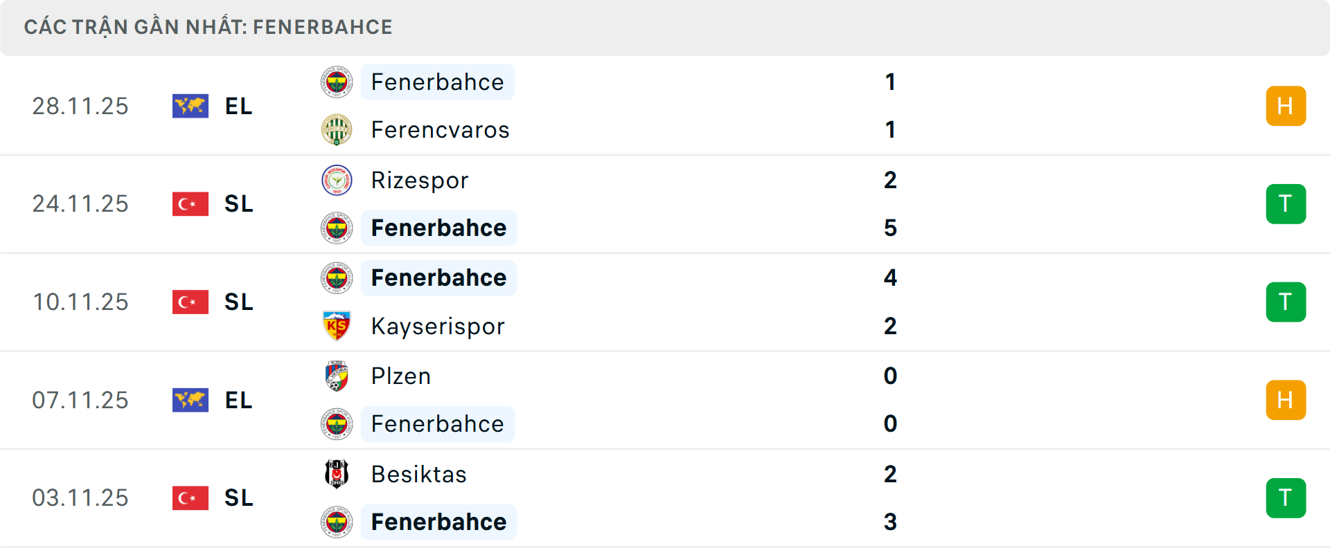 Phong độ Fenerbahce 5 trận gần nhất: