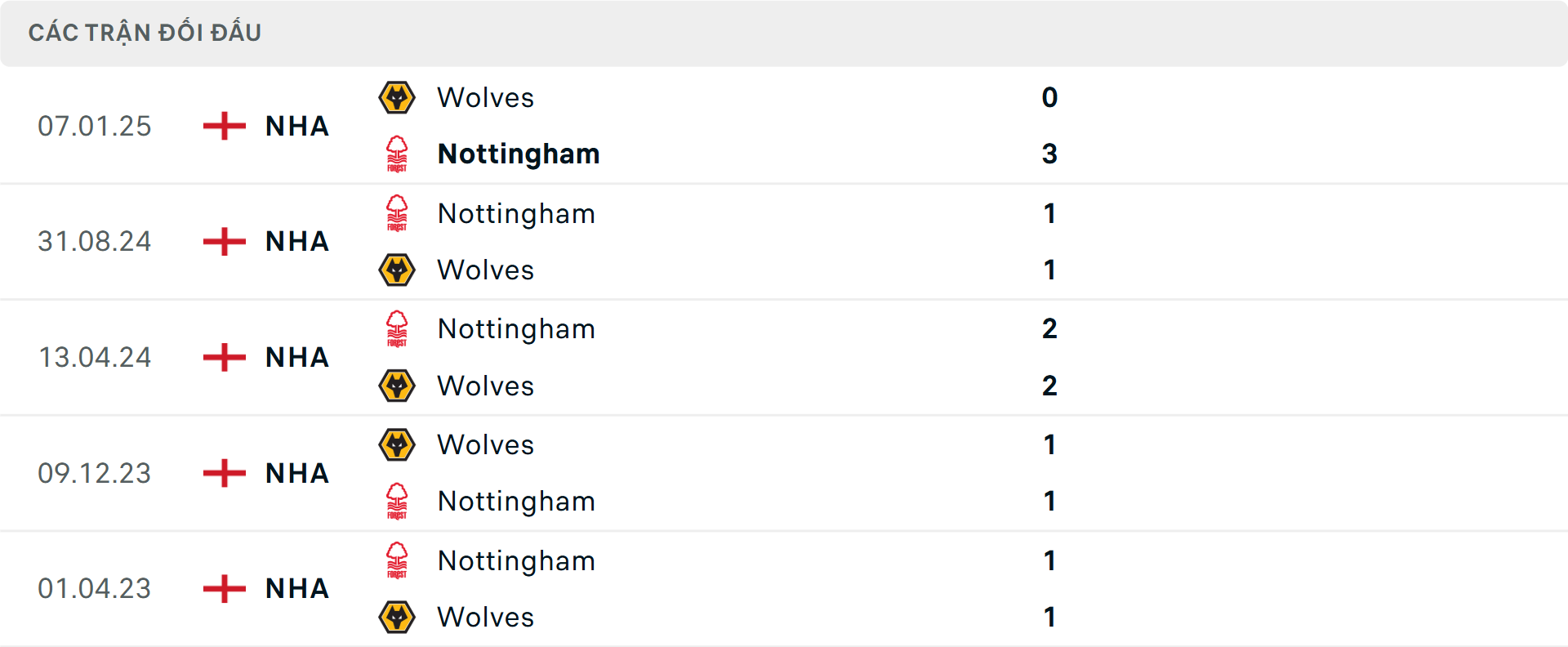 Lịch sử đối đầu Wolves vs Nottingham 