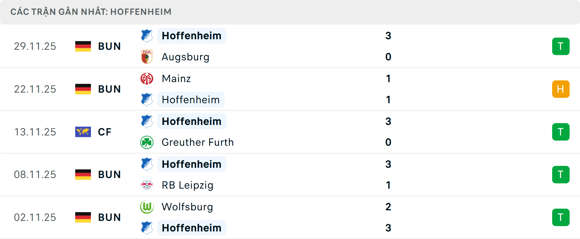 Phong độ Hoffenheim 5 trận gần nhất Phong độ Hoffenheim 5 trận gần nhất