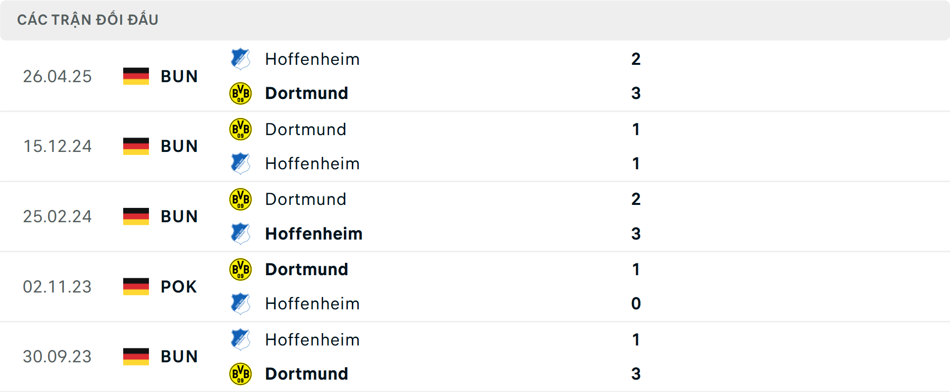 Lịch sử đối đầu Dortmund vs Hoffenheim Lịch sử đối đầu Dortmund vs Hoffenheim