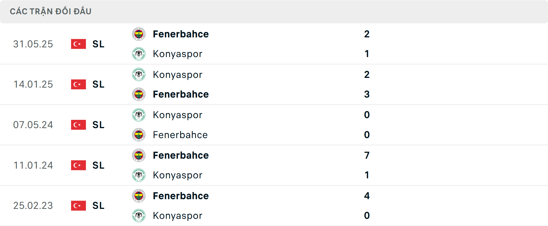 Lịch sử đối đầu Fenerbahce vs Konyaspor Lịch sử đối đầu Fenerbahce vs Konyaspor