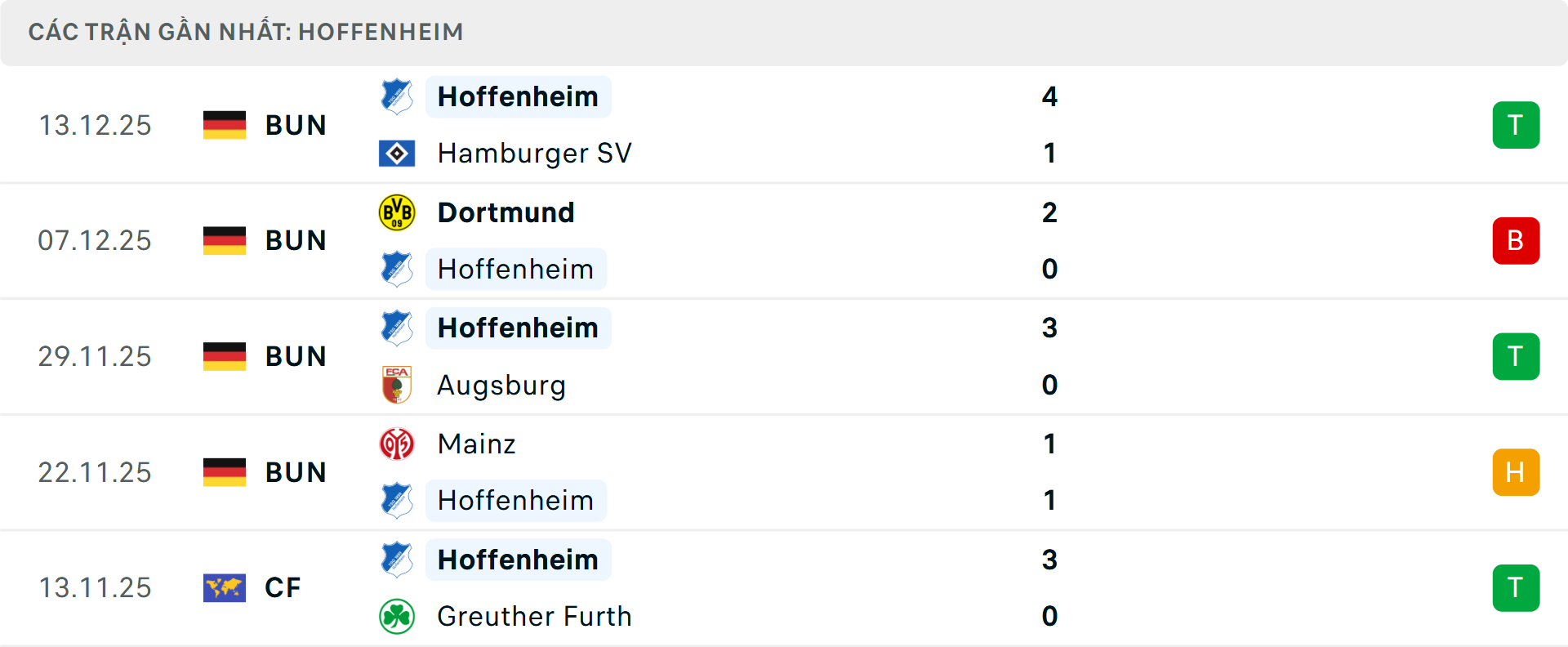 Phong độ Hoffenheim 5 trận gần nhất