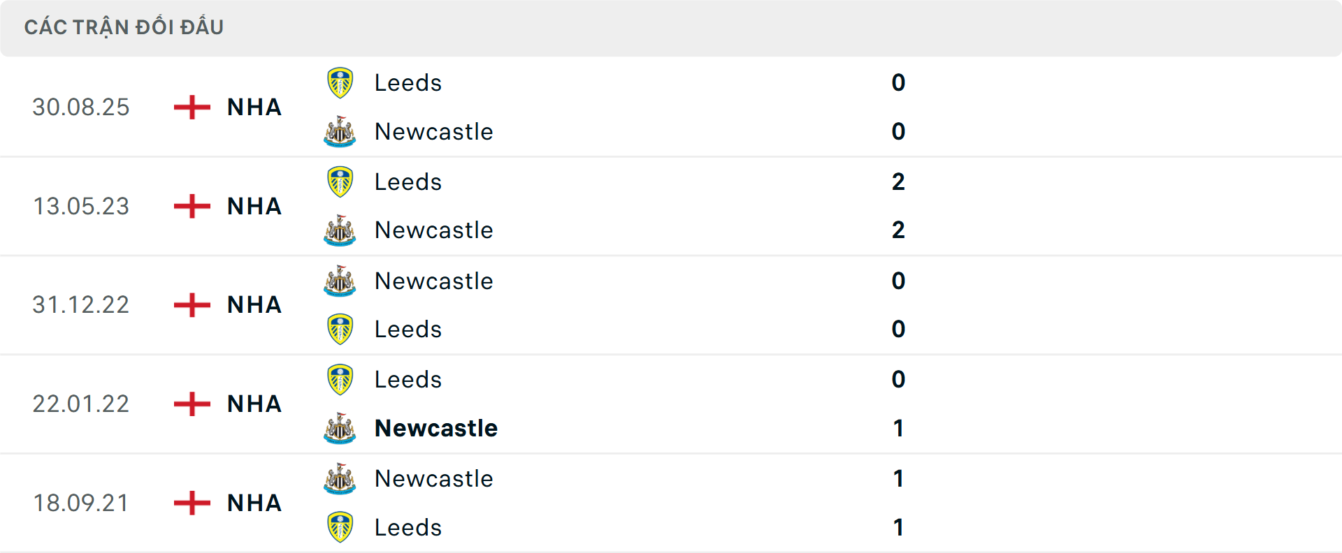 Lịch sử đối đầu Newcastle vs Leeds