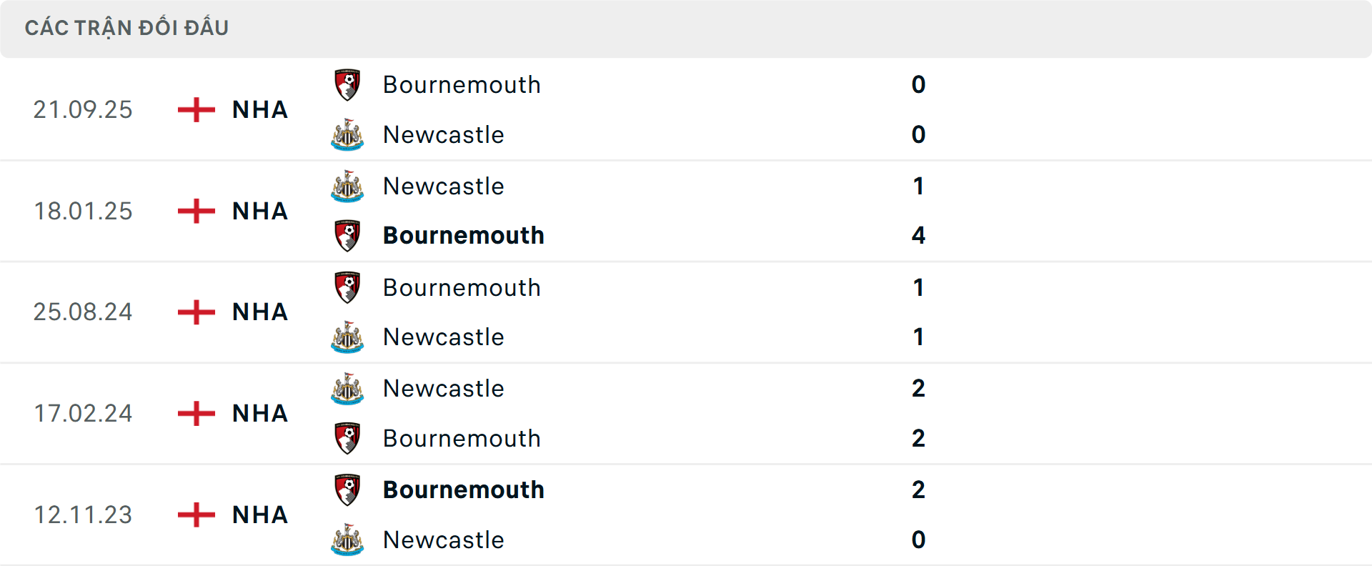 Lịch sử đối đầu Newcastle vs Bournemouth