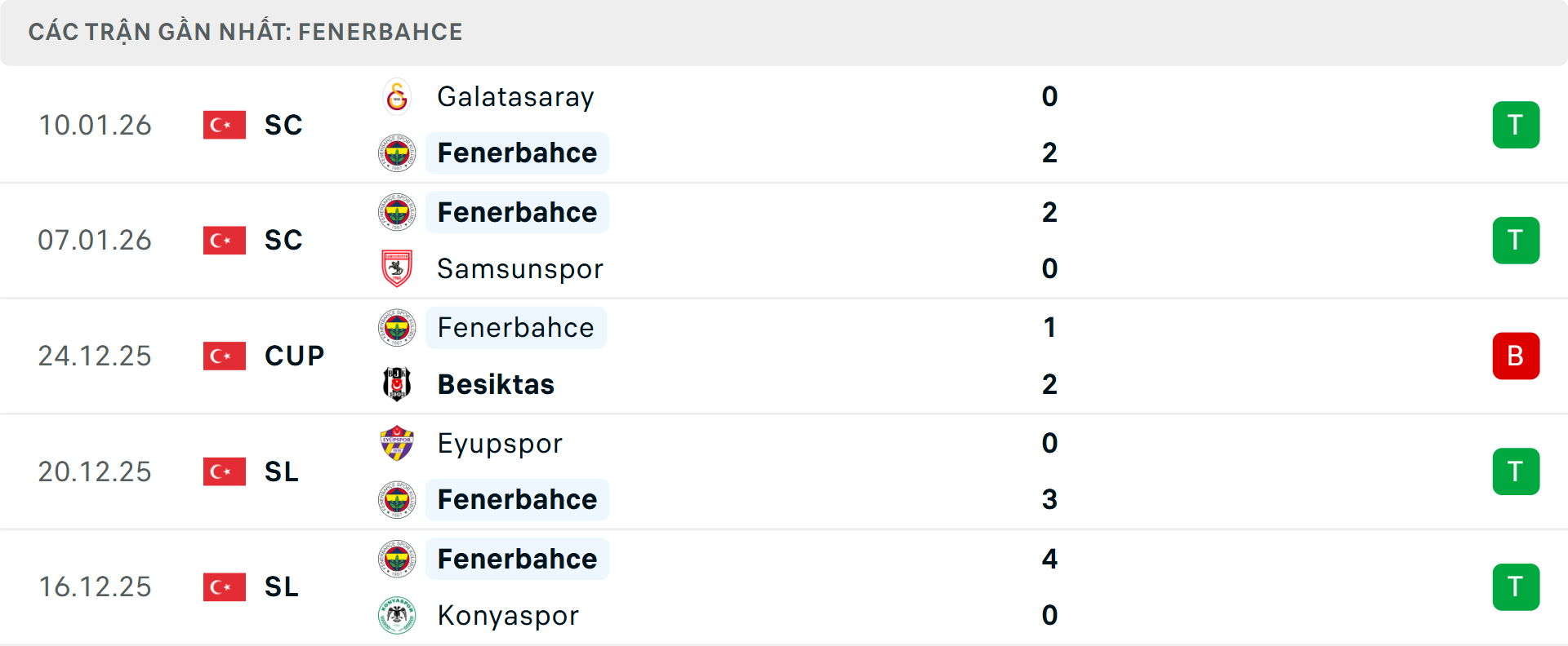 Phong độ Fenerbahce 5 trận gần nhất