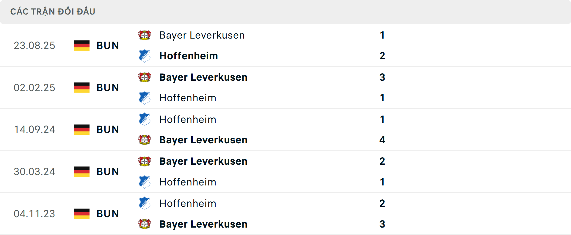 Lịch sử đối đầu Hoffenheim vs Leverkusen