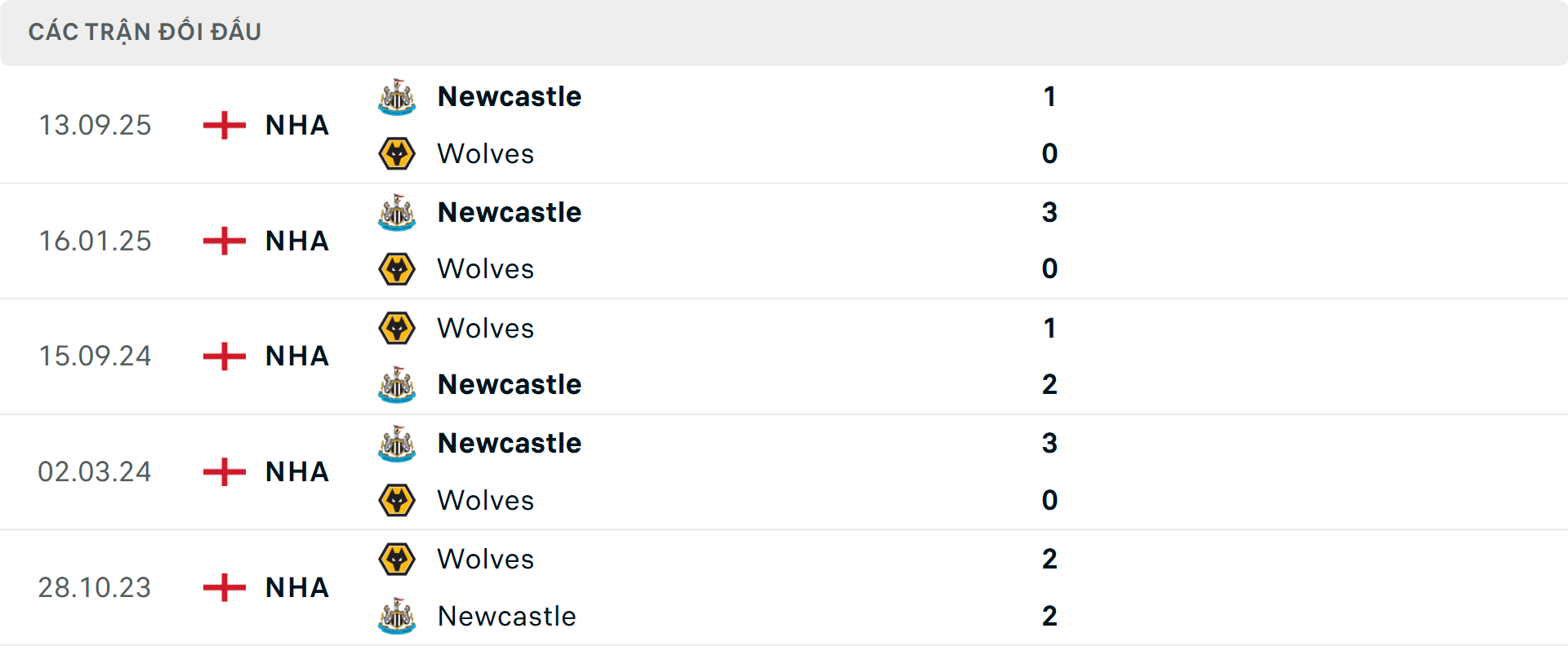 Lịch sử đối đầu Wolves vs Newcastle