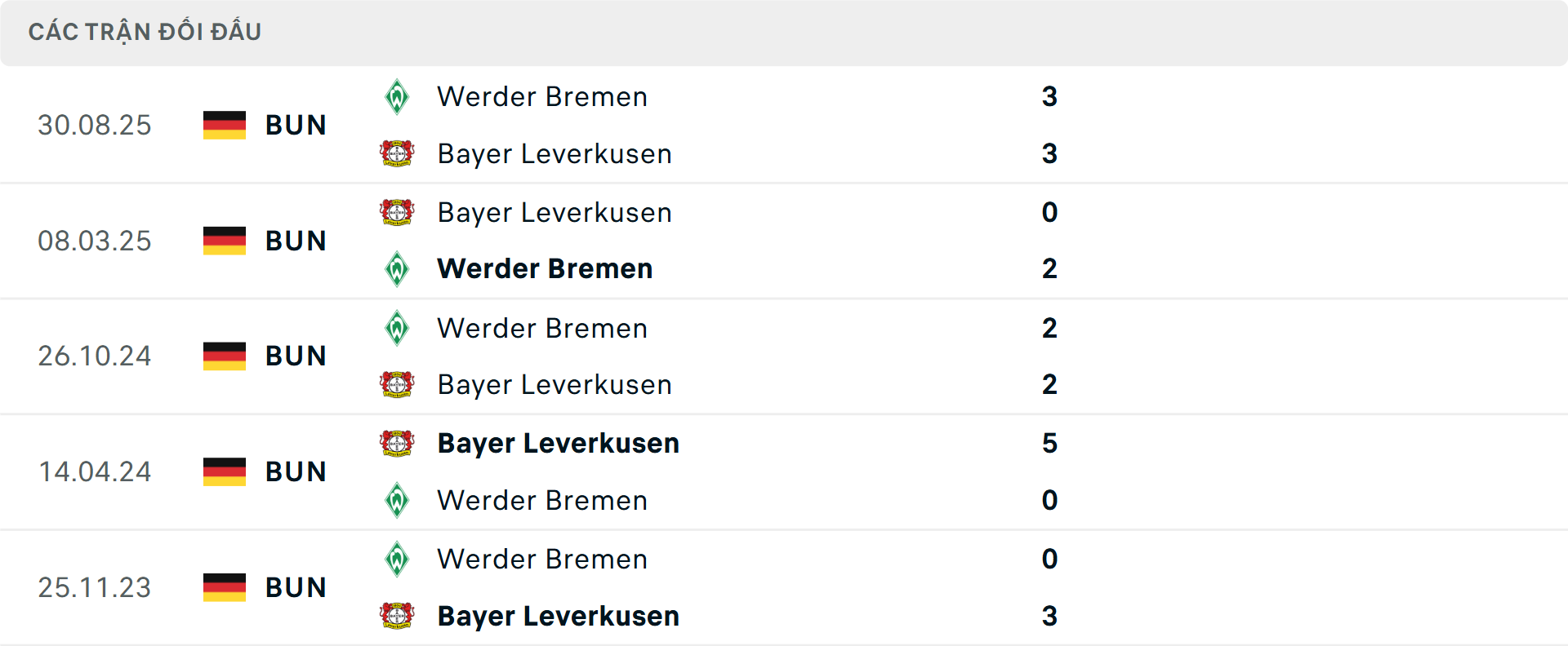 Lịch sử đối đầu Leverkusen vs Werder Bremen