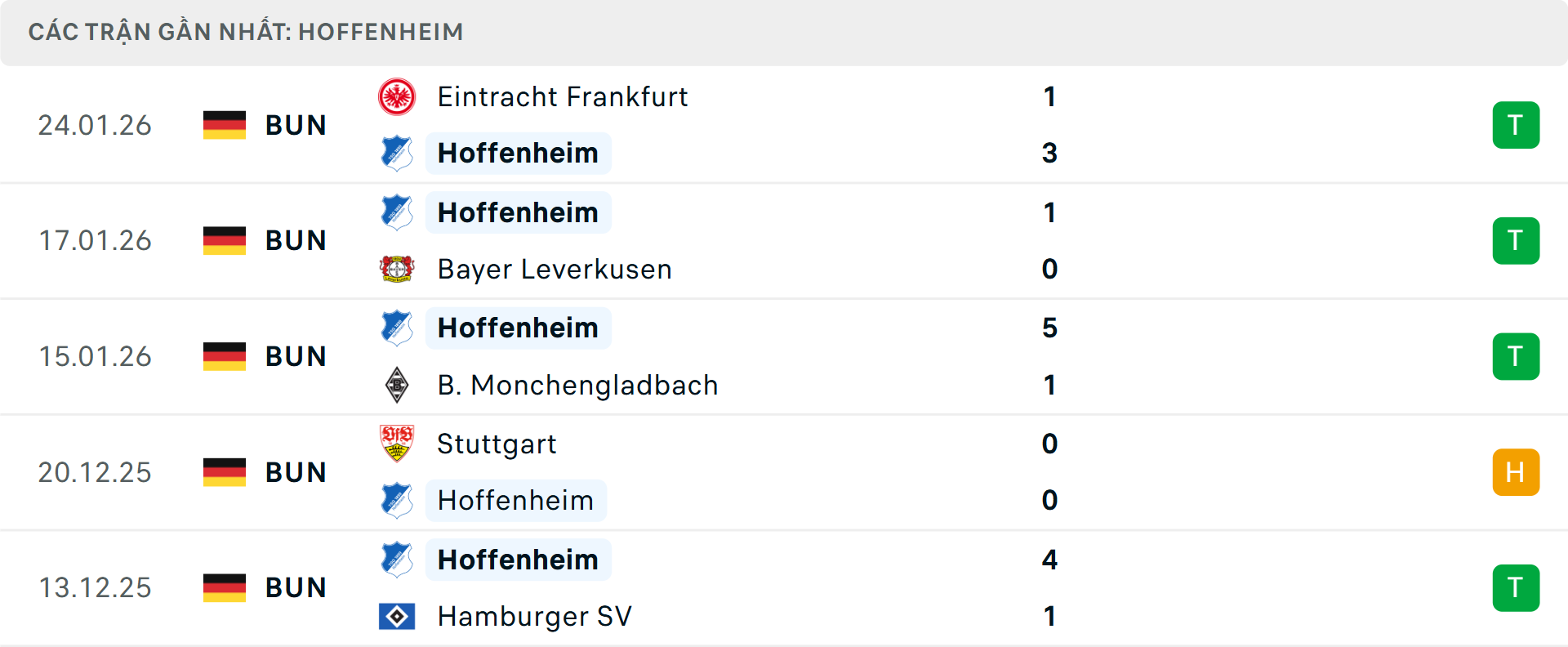 Phong độ Hoffenheim 5 trận gần nhất Phong độ Hoffenheim 5 trận gần nhất